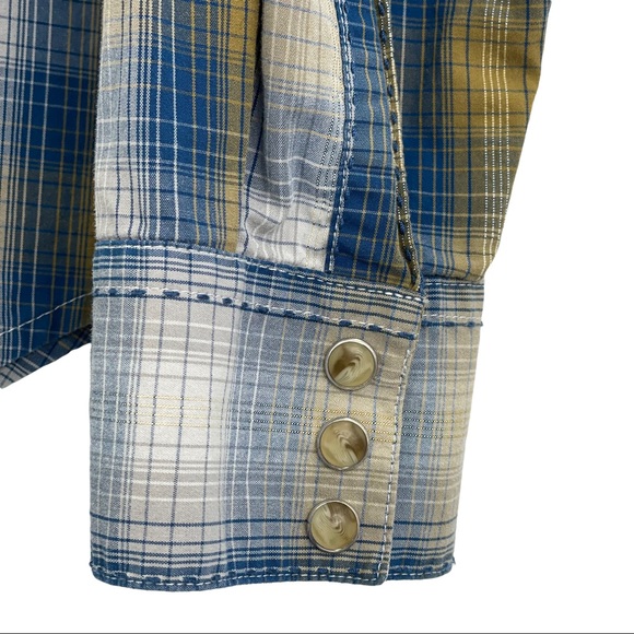 Wrangler Western Shirt Long Sleeve Button Up Pearl Snaps Blue Tan Plaid | Large - Picture 14 of 14